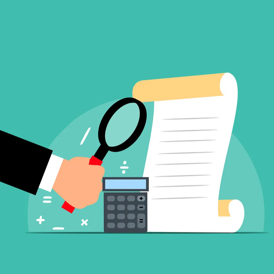 Illustration of a man holding a large gold coin next to a tax document and a calculator on a blue background