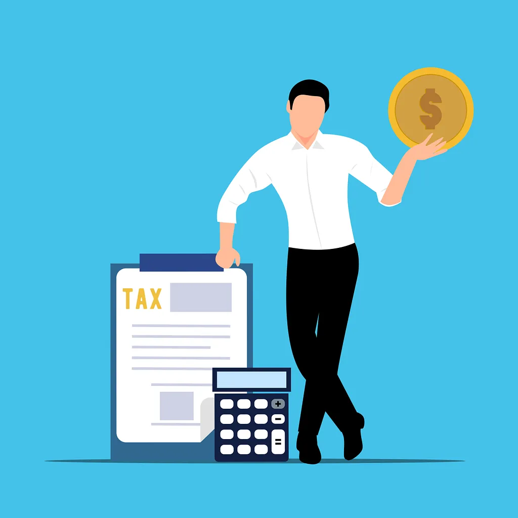 Illustration of a man in a white shirt holding a gold dollar coin next to a tax document and calculator on a blue background